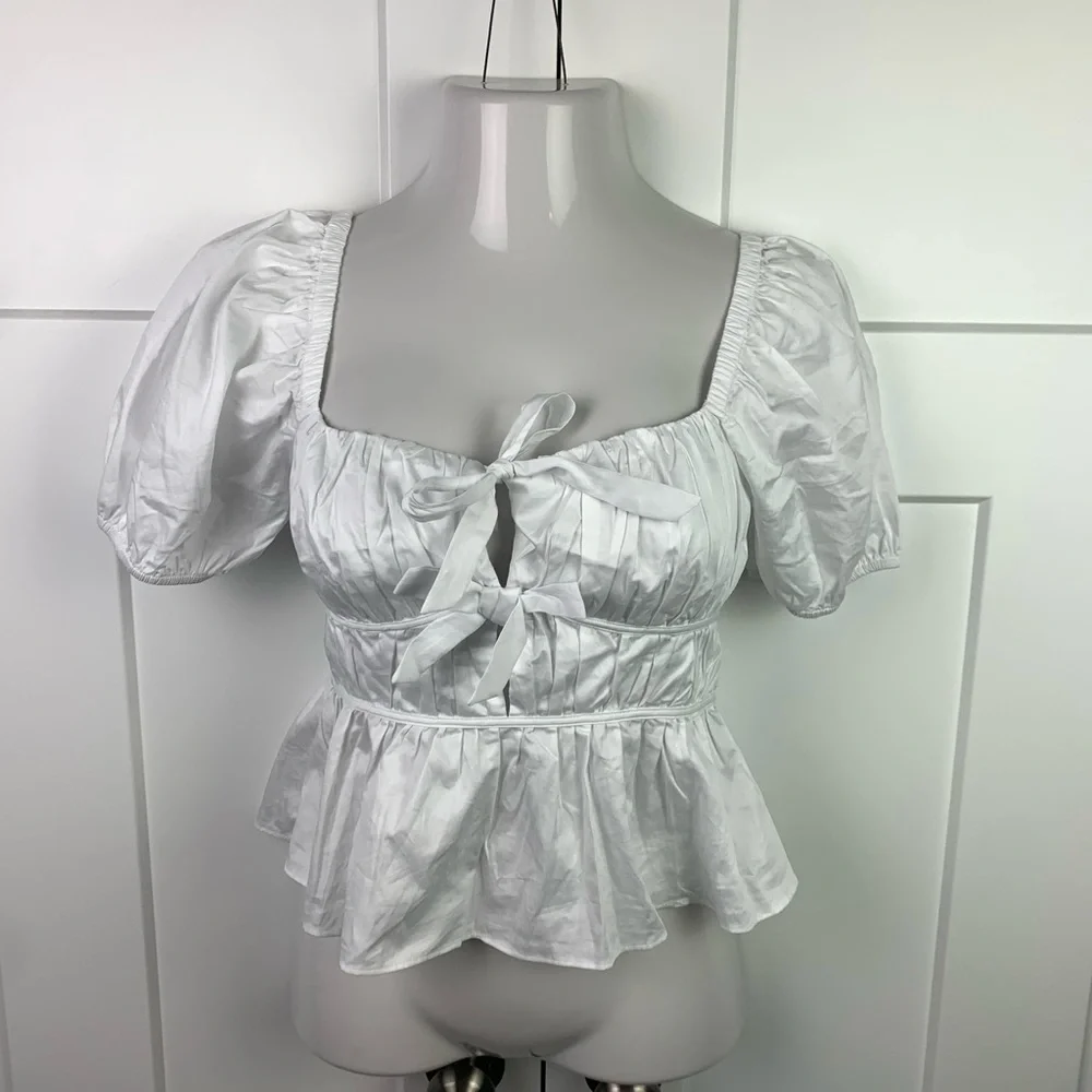 ASTR Medium White Blouse Puff Sleeve Milkmaid Coquette Romantic Bows